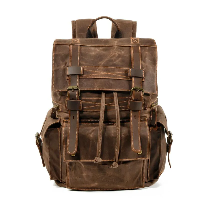 Men's Vintage Beeswax Canvas Outdoor Leather Multi-Pocket Backpack 92970713Y sold by Manly