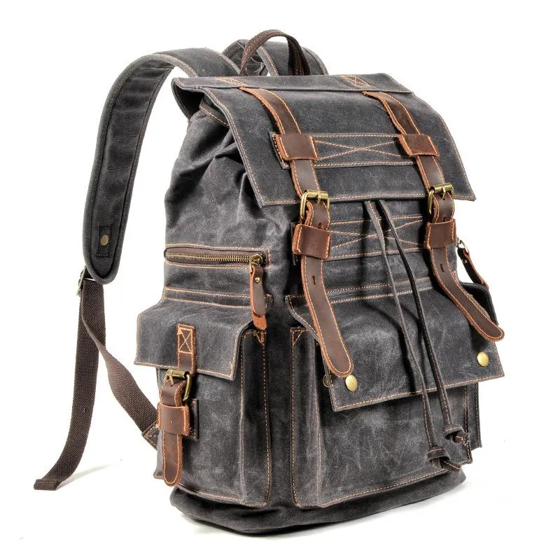 Men's Vintage Beeswax Canvas Outdoor Leather Multi-Pocket Backpack 92970713Y sold by Manly product image thumbnail 5