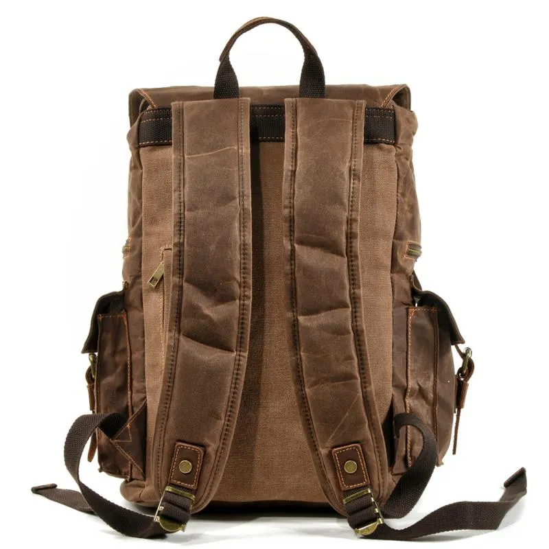 Men's Vintage Beeswax Canvas Outdoor Leather Multi-Pocket Backpack 92970713Y sold by Manly product image thumbnail 3