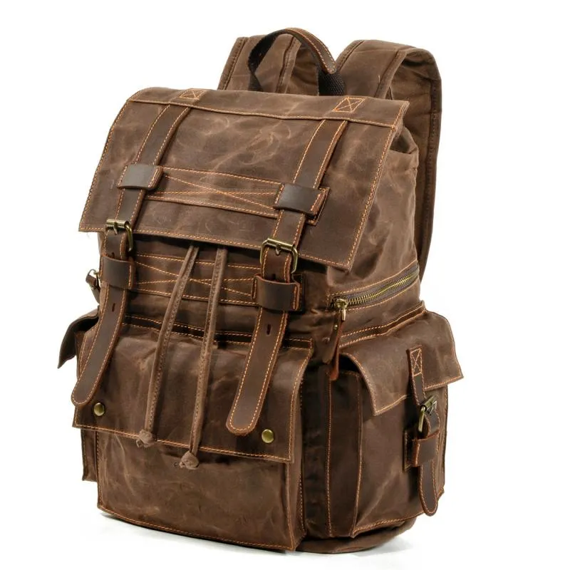 Men's Vintage Beeswax Canvas Outdoor Leather Multi-Pocket Backpack 92970713Y sold by Manly product image thumbnail 2