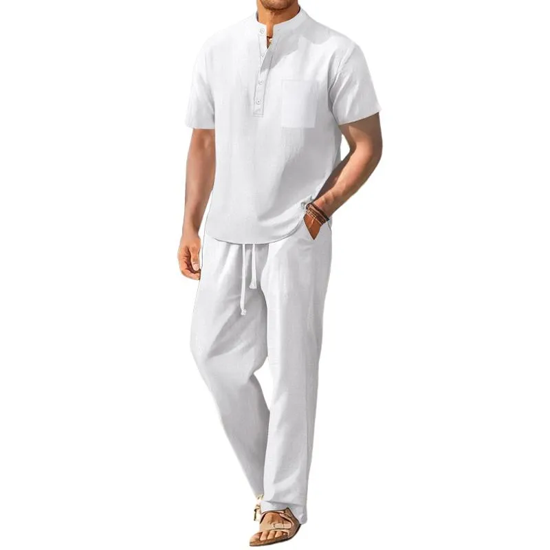 Men's Solid Cotton And Linen Stand Collar Short Sleeve Shirt Trousers Casual Set 50072456Z sold by Manly