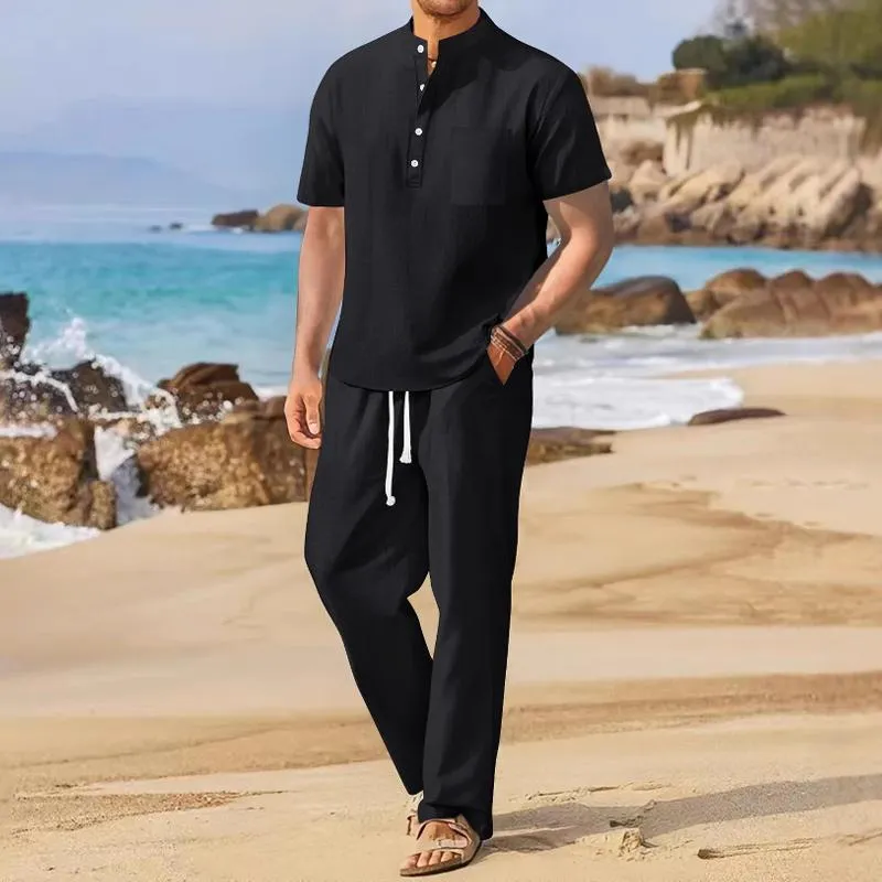 Men's Solid Cotton And Linen Stand Collar Short Sleeve Shirt Trousers Casual Set 50072456Z sold by Manly product image thumbnail 2