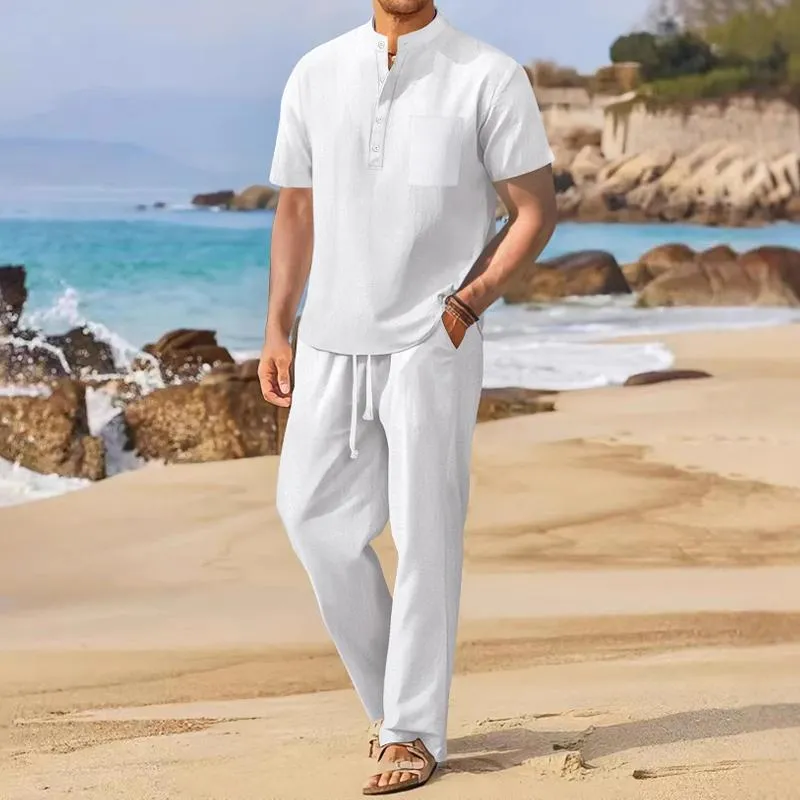 Men's Solid Cotton And Linen Stand Collar Short Sleeve Shirt Trousers Casual Set 50072456Z sold by Manly product image thumbnail 3