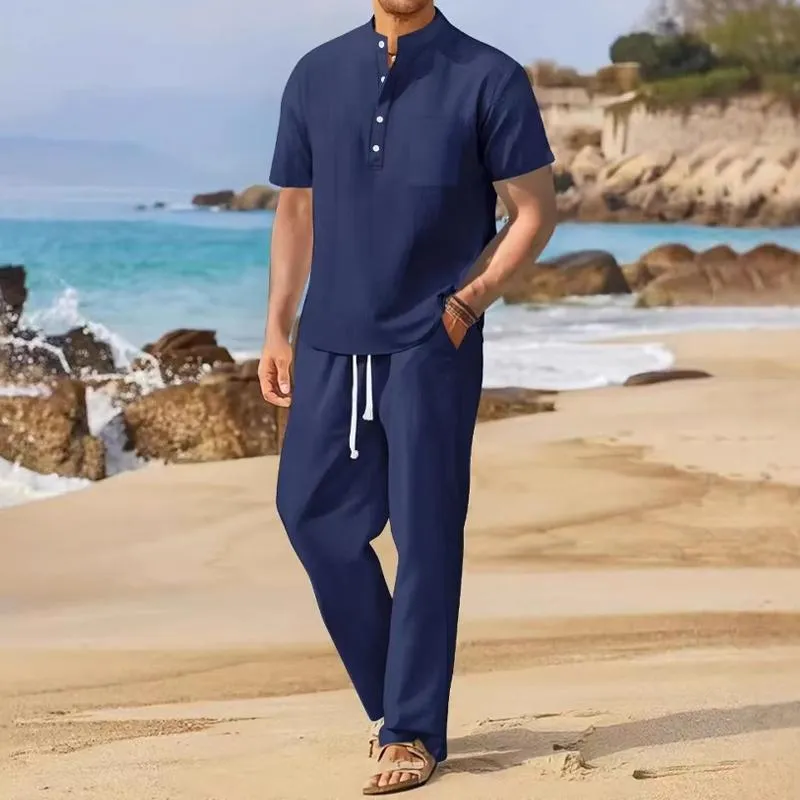 Men's Solid Cotton And Linen Stand Collar Short Sleeve Shirt Trousers Casual Set 50072456Z sold by Manly product image thumbnail 4