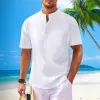 Men's Solid Cotton And Linen Stand Collar Short Sleeve Casual Shirt 17331455Z sold by Manly