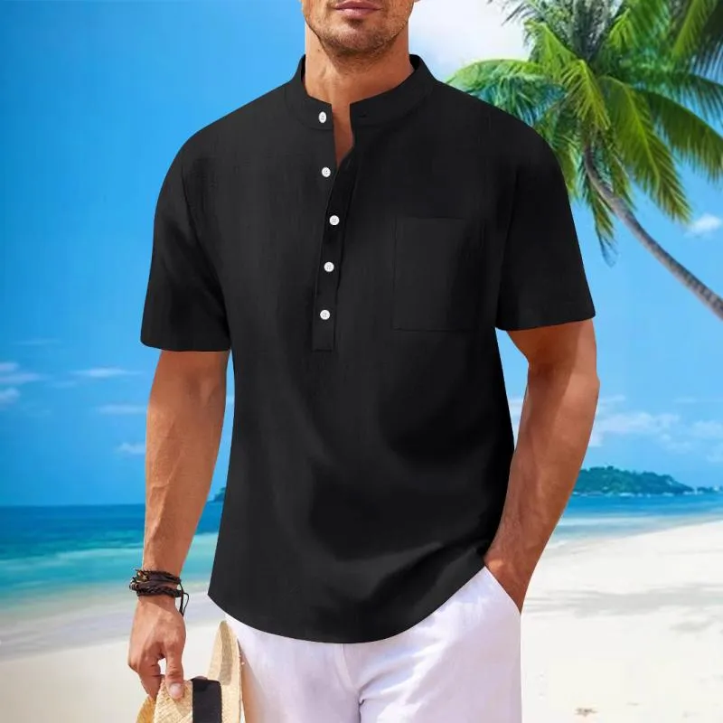 Men's Solid Cotton And Linen Stand Collar Short Sleeve Casual Shirt 17331455Z sold by Manly product image thumbnail 2