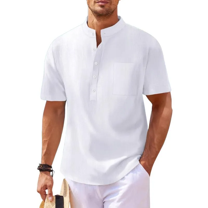 Men's Solid Cotton And Linen Stand Collar Short Sleeve Casual Shirt 17331455Z sold by Manly