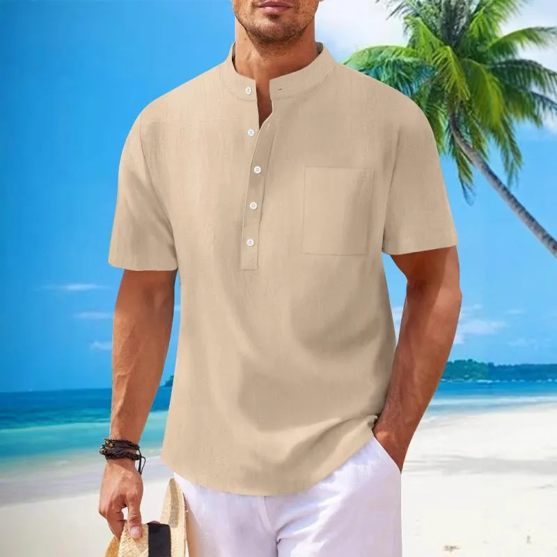Men's Solid Cotton And Linen Stand Collar Short Sleeve Casual Shirt 17331455Z sold by Manly product image thumbnail 5