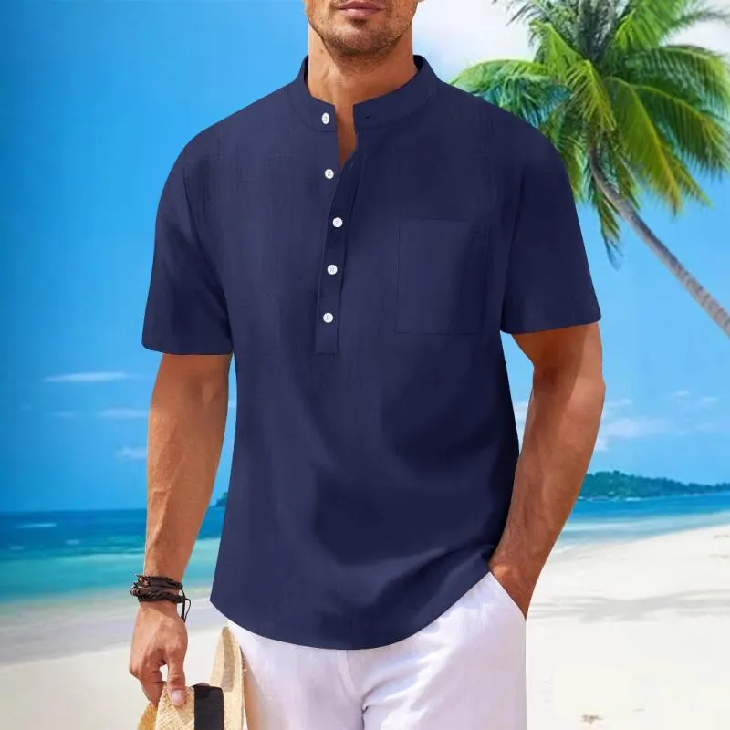 Men's Solid Cotton And Linen Stand Collar Short Sleeve Casual Shirt 17331455Z sold by Manly product image thumbnail 4