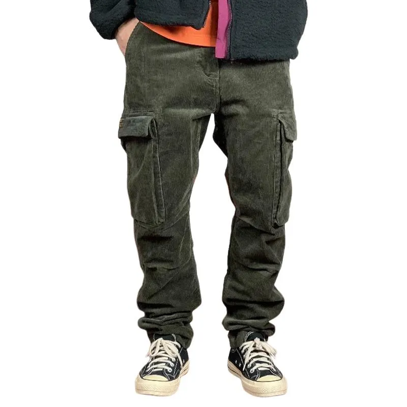 Men's Solid Color Corduroy Loose Straight Multi-pocket Cargo Pants 93842222Z sold by Manly