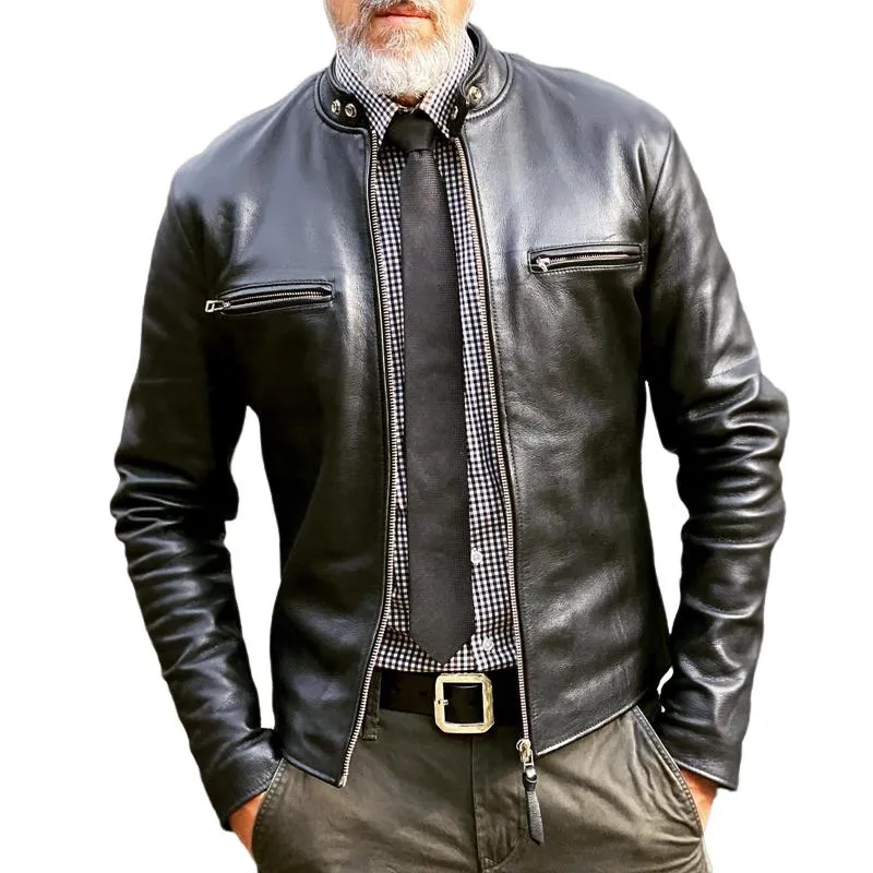 Men's Vintage Leather Stand Collar Zipper Chest Pocket Biker Jacket 44174915Z sold by Manly