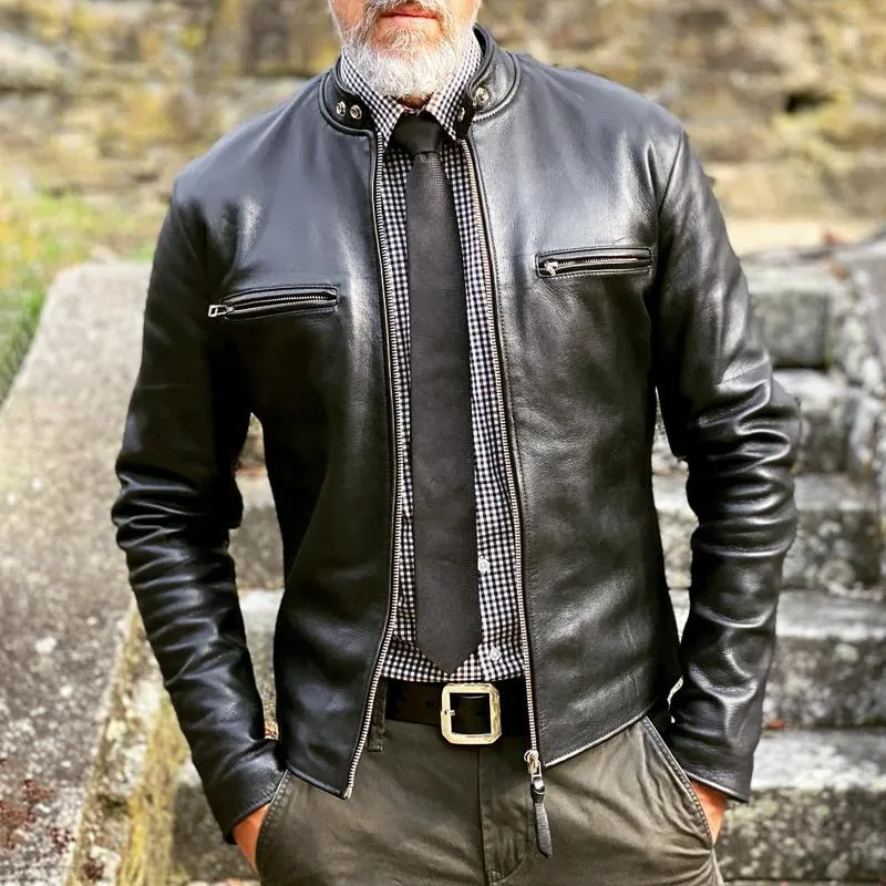 Men's Vintage Leather Stand Collar Zipper Chest Pocket Biker Jacket 44174915Z sold by Manly product image thumbnail 2