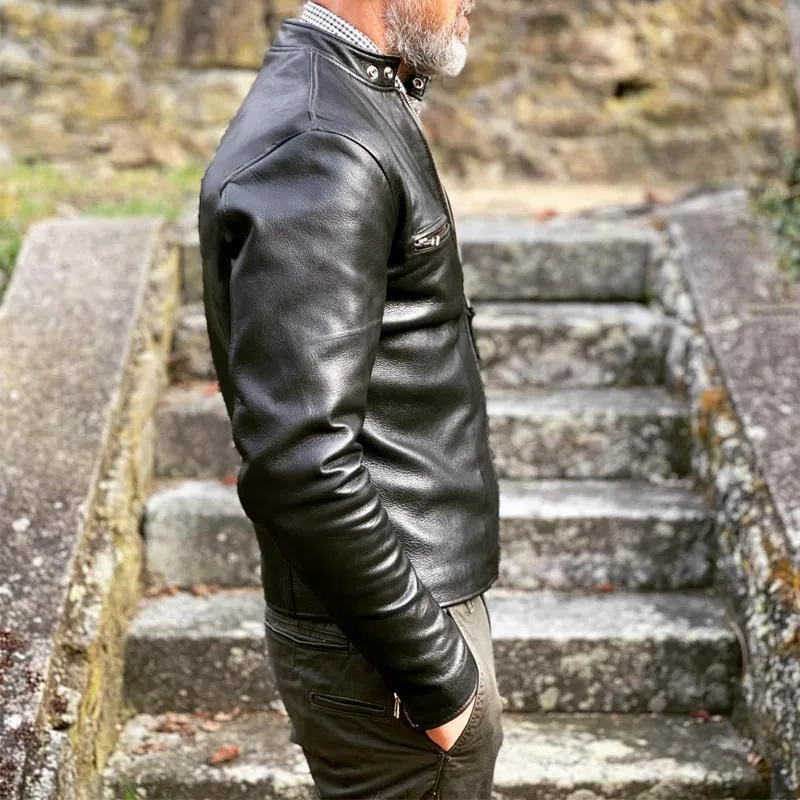 Men's Vintage Leather Stand Collar Zipper Chest Pocket Biker Jacket 44174915Z sold by Manly product image thumbnail 3