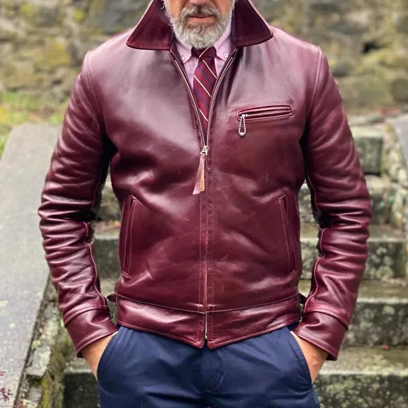 Men's Vintage Leather Lapel Zipper Chest Pocket Biker Jacket 21172233Z sold by Manly product image thumbnail 2