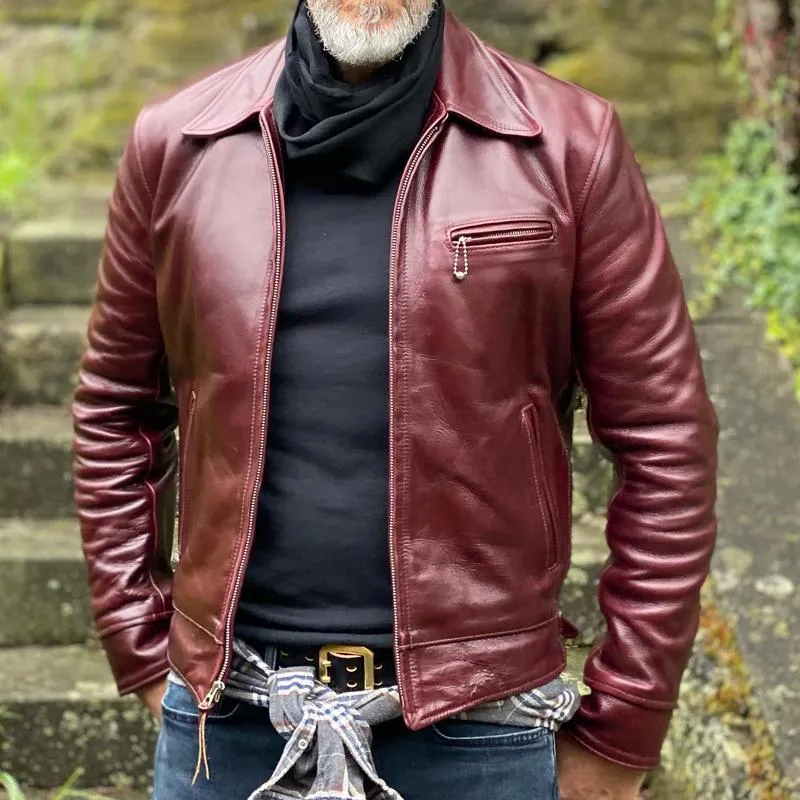 Men's Vintage Leather Lapel Zipper Chest Pocket Biker Jacket 21172233Z sold by Manly product image thumbnail 3