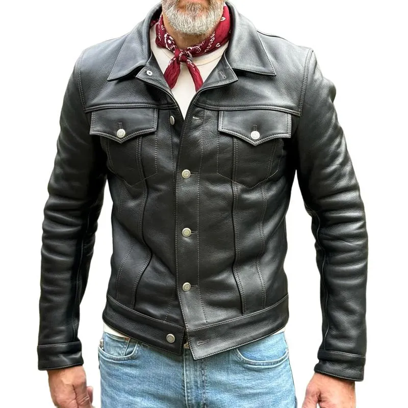 Men's Vintage Leather Lapel Chest Pocket Single Breasted Casual Jacket 33084088Z sold by Manly