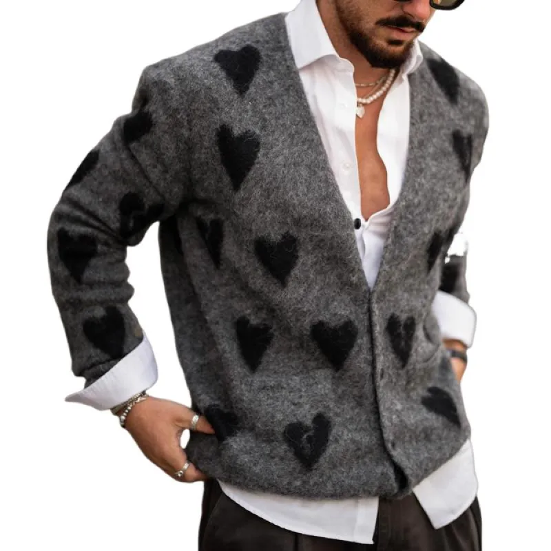 Men's Fashion Heart Graphic V Neck Single Breasted Knit Cardigan 01457661Z sold by Manly