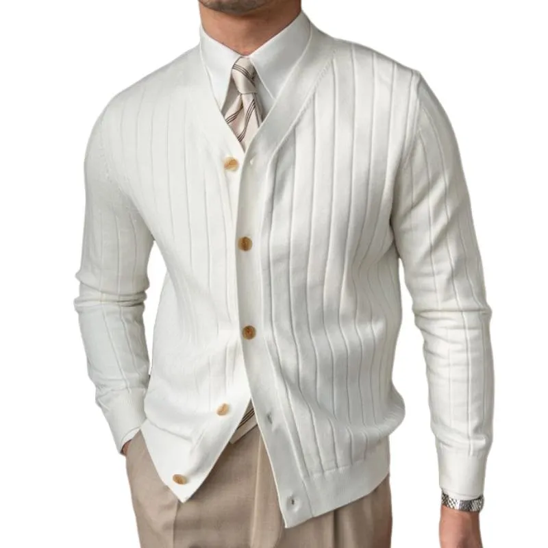 Men's Retro Casual Solid Color Striped Button Knit Cardigan 42155900TO sold by Manly