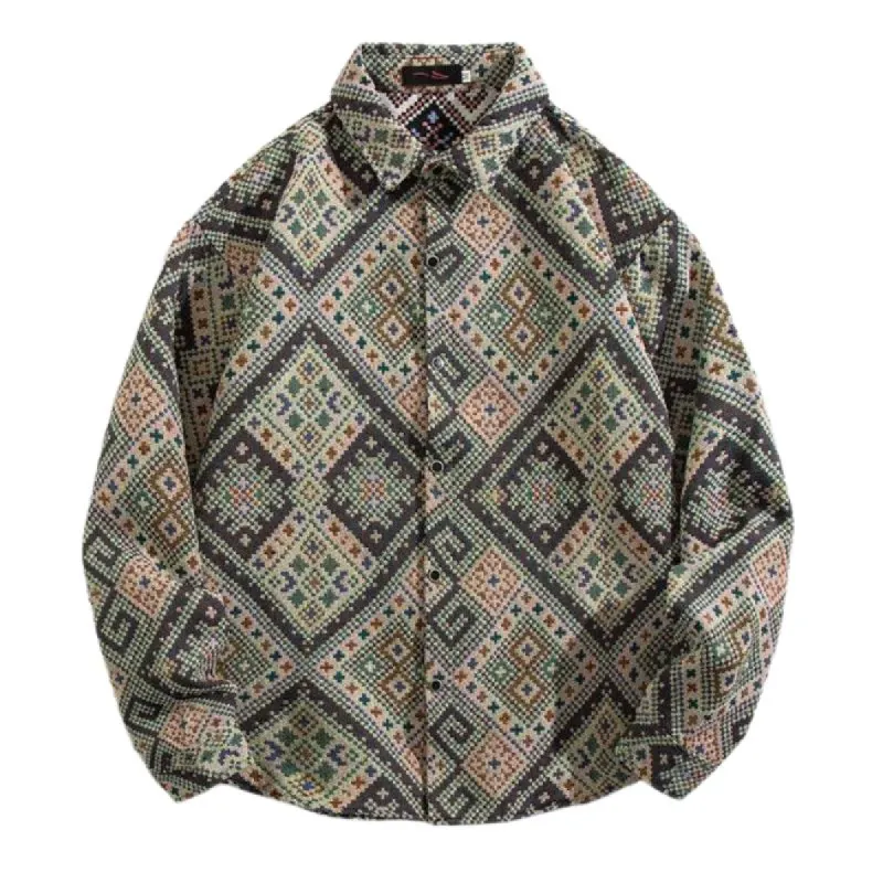 Men's Loose Digital Color Block Print Lapel Long Sleeve Shirt 81546878F sold by Manly
