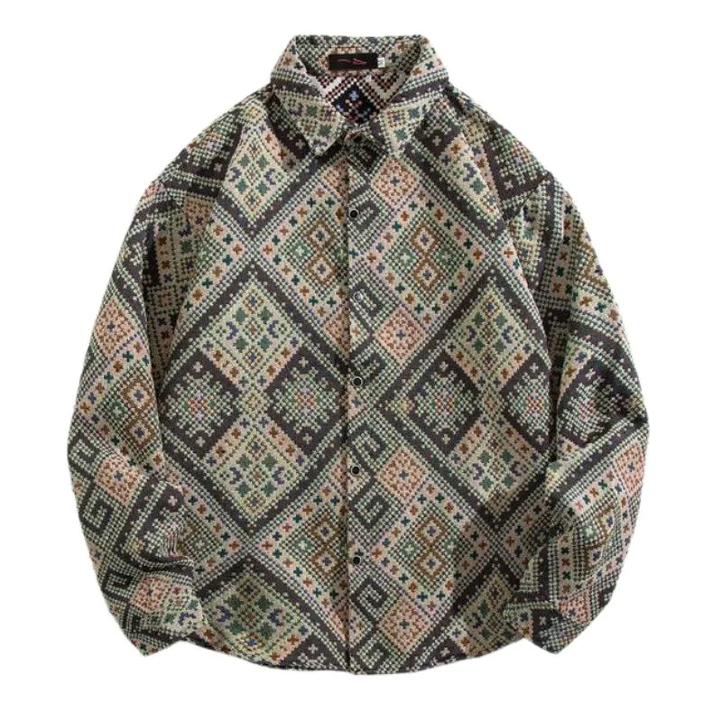 Men's Loose Digital Color Block Print Lapel Long Sleeve Shirt 81546878F sold by Manly