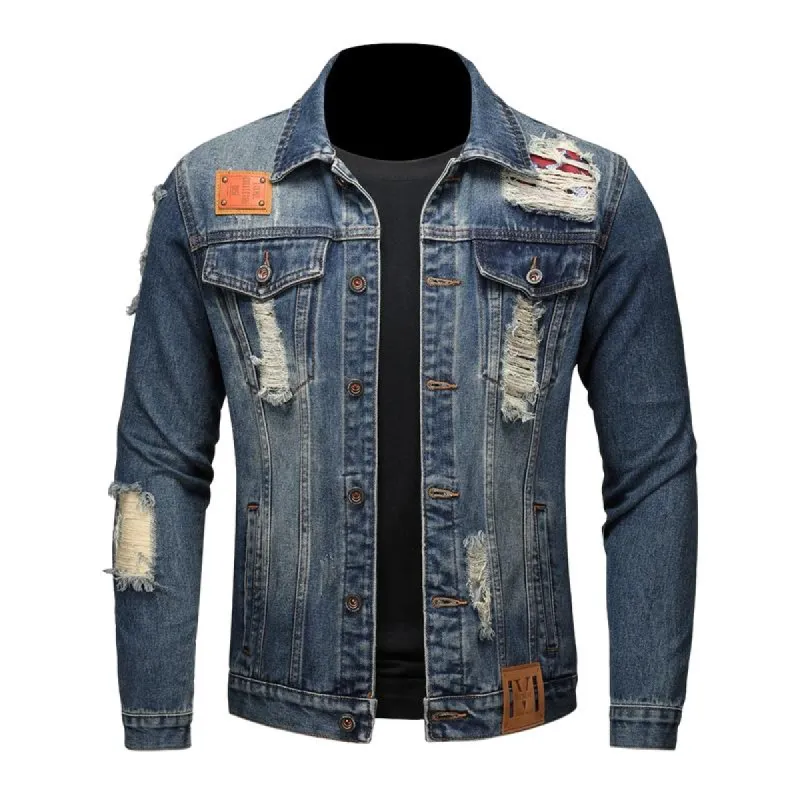 Men's Classic Trendy Ripped Lapel Denim Jacket 63921027F sold by Manly