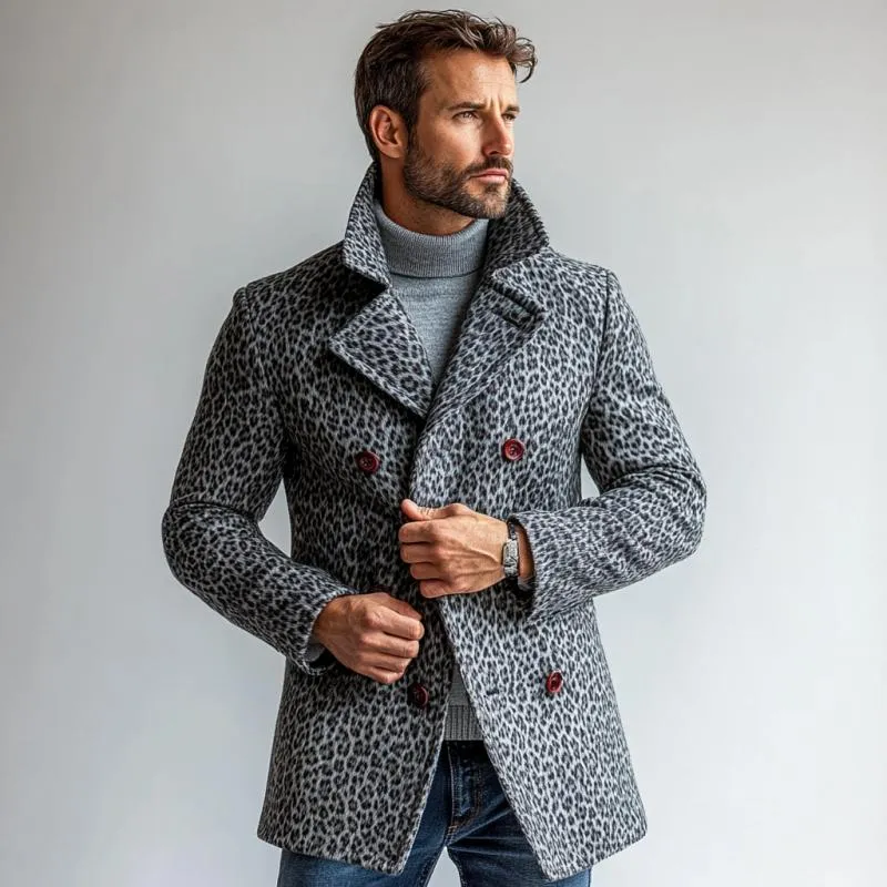 Men's Vintage Leopard Print Suede Double Breasted Mid-Length Coat 57563887Y sold by Manly product image thumbnail 3