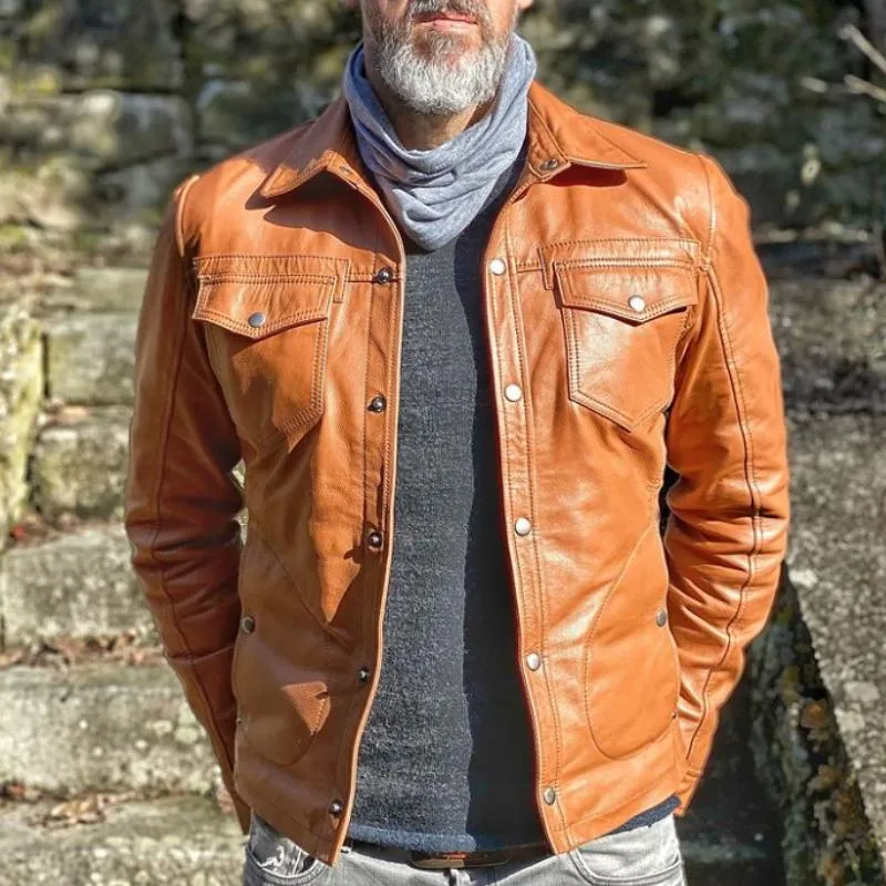 Men's Vintage Solid Color Lapel Multiple Pockets Single Breasted Short Leather Jacket 50696193Y sold by Manly product image thumbnail 3