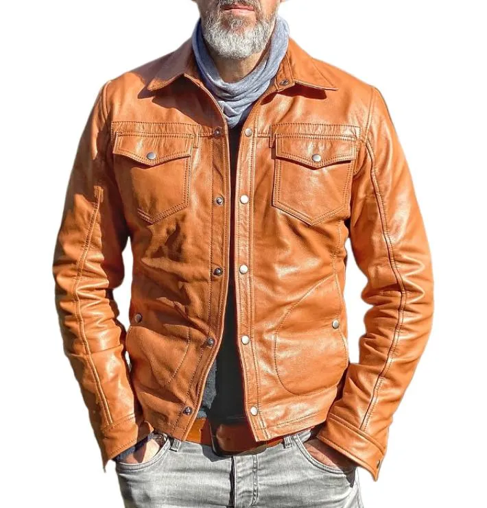 Men's Vintage Solid Color Lapel Multiple Pockets Single Breasted Short Leather Jacket 50696193Y sold by Manly