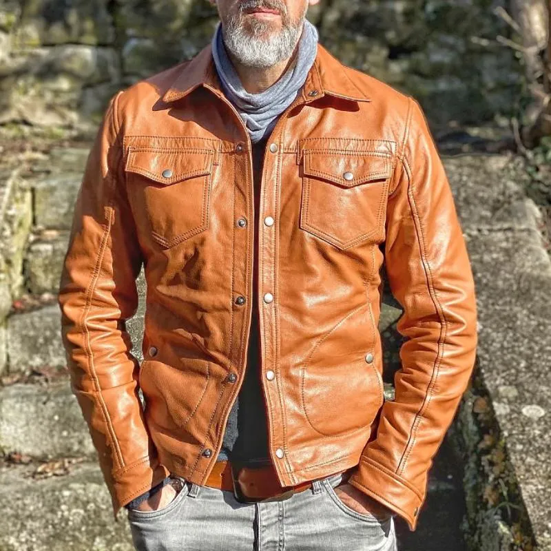 Men's Vintage Solid Color Lapel Multiple Pockets Single Breasted Short Leather Jacket 50696193Y sold by Manly product image thumbnail 5