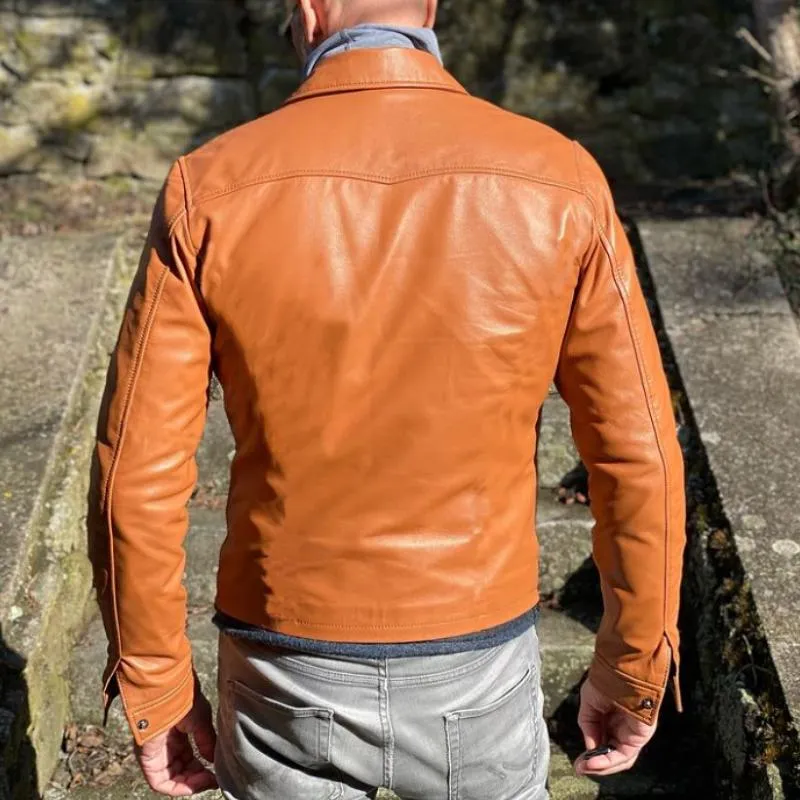 Men's Vintage Solid Color Lapel Multiple Pockets Single Breasted Short Leather Jacket 50696193Y sold by Manly product image thumbnail 4