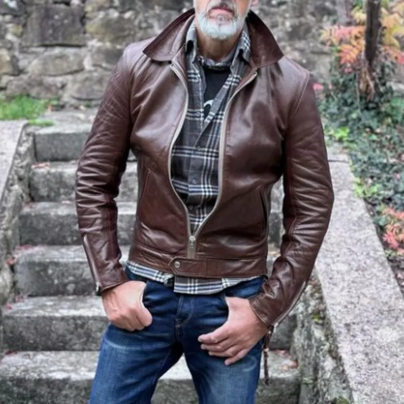 Men's Vintage Solid Color Lapel Zipper Short Leather Jacket 87140002Y sold by Manly product image thumbnail 2