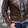 Men's Vintage Solid Color Lapel Zipper Short Leather Jacket 87140002Y sold by Manly