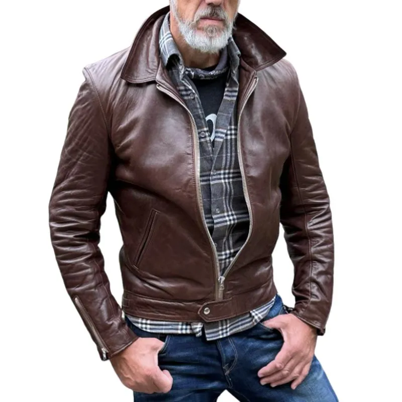 Men's Vintage Solid Color Lapel Zipper Short Leather Jacket 87140002Y sold by Manly