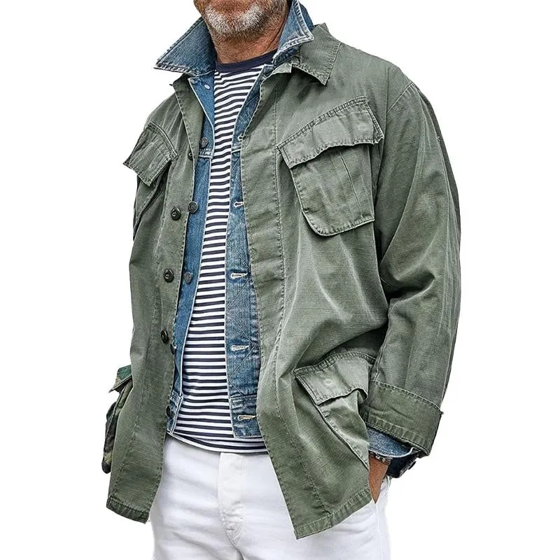 Men's Cotton and Linen Multi-Pocket Lapel Cargo Jacket 26735237X sold by Manly