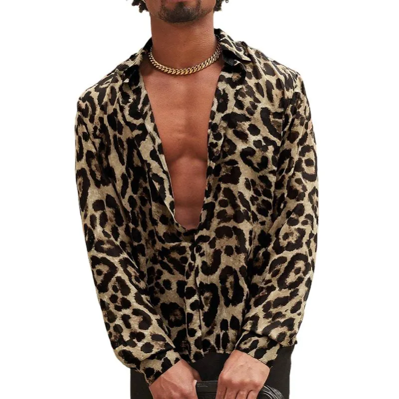Men's Leopard Print Lapel Long Sleeve Shirt 84241733X sold by Manly
