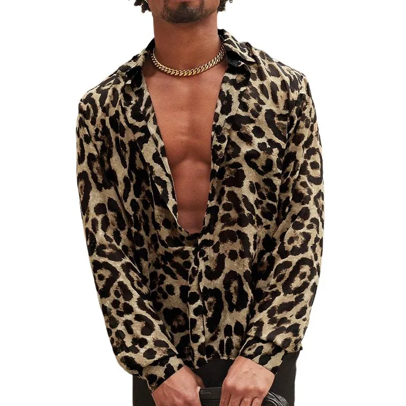 Men's Leopard Print Lapel Long Sleeve Shirt 84241733X sold by Manly