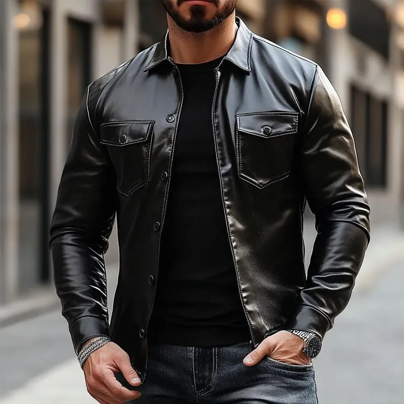 Men's Solid Color Single Breasted Motorcycle Jacket 79684570X sold by Manly product image thumbnail 2