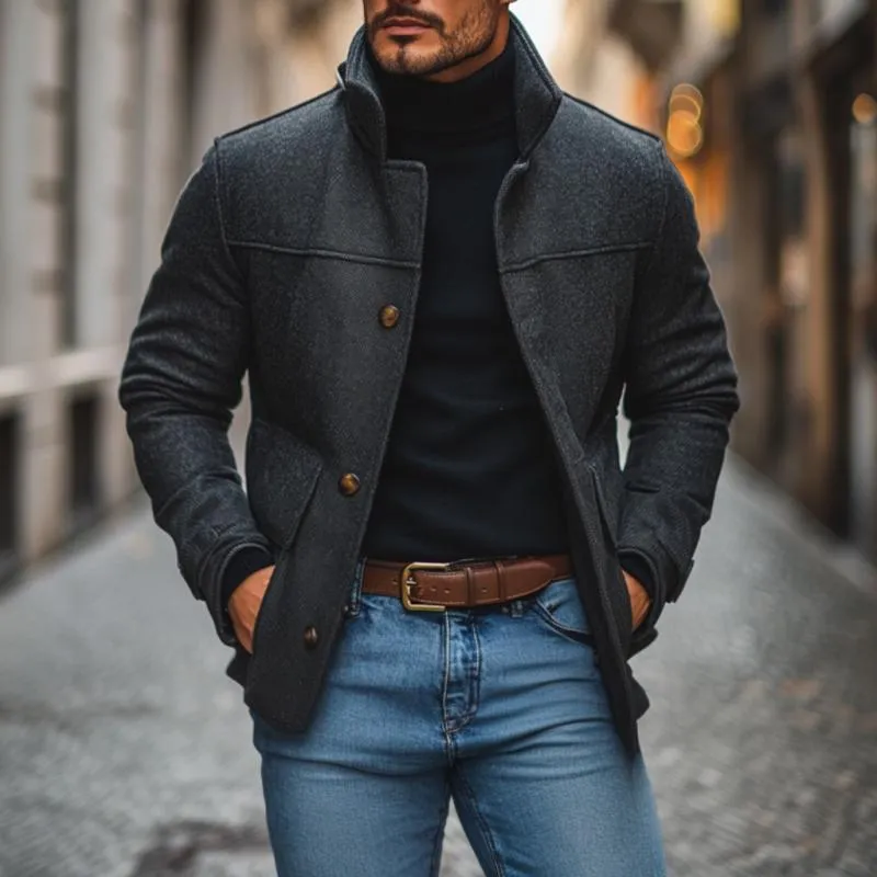 Men's Vintage Wool Blend Stand Collar Single Breasted Loose Short Coat 54423648M sold by Manly product image thumbnail 2