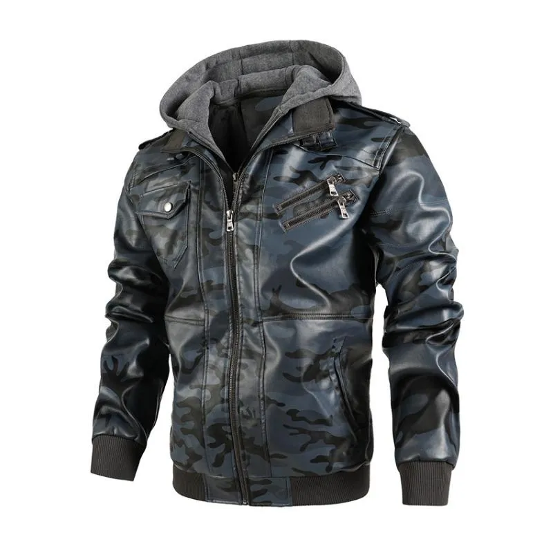 Men's Vintage Camouflage Leather Multiple Pockets Hooded Zip-Up Jacket 38100256M sold by Manly product image thumbnail 2