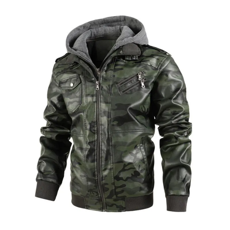 Men's Vintage Camouflage Leather Multiple Pockets Hooded Zip-Up Jacket 38100256M sold by Manly