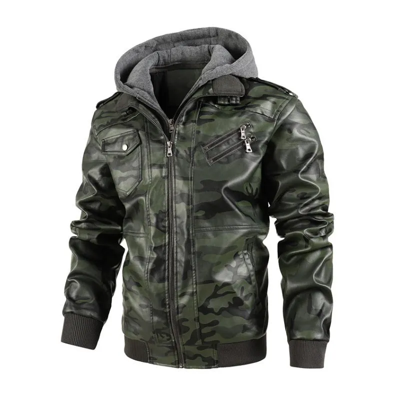 Men's Vintage Camouflage Leather Multiple Pockets Hooded Zip-Up Jacket 38100256M sold by Manly