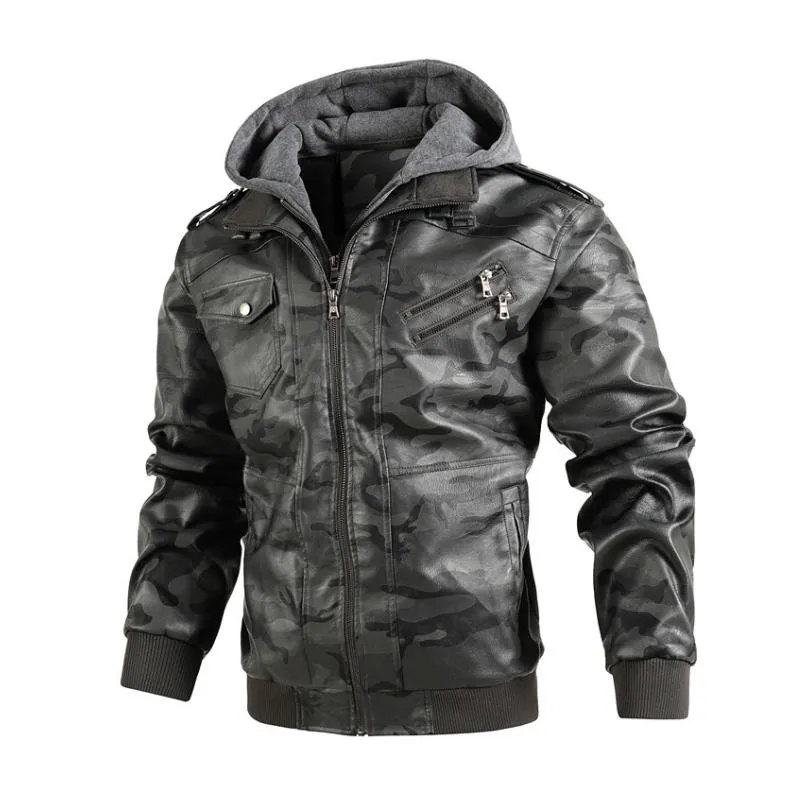 Men's Vintage Camouflage Leather Multiple Pockets Hooded Zip-Up Jacket 38100256M sold by Manly product image thumbnail 3