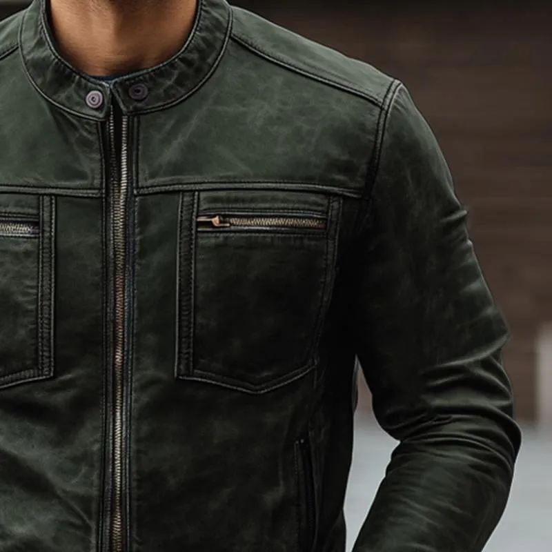 Men's Dark Green Zip-up Leather Jacket 32066900U sold by Manly product image thumbnail 3