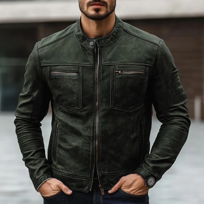 Men's Dark Green Zip-up Leather Jacket 32066900U sold by Manly product image thumbnail 2