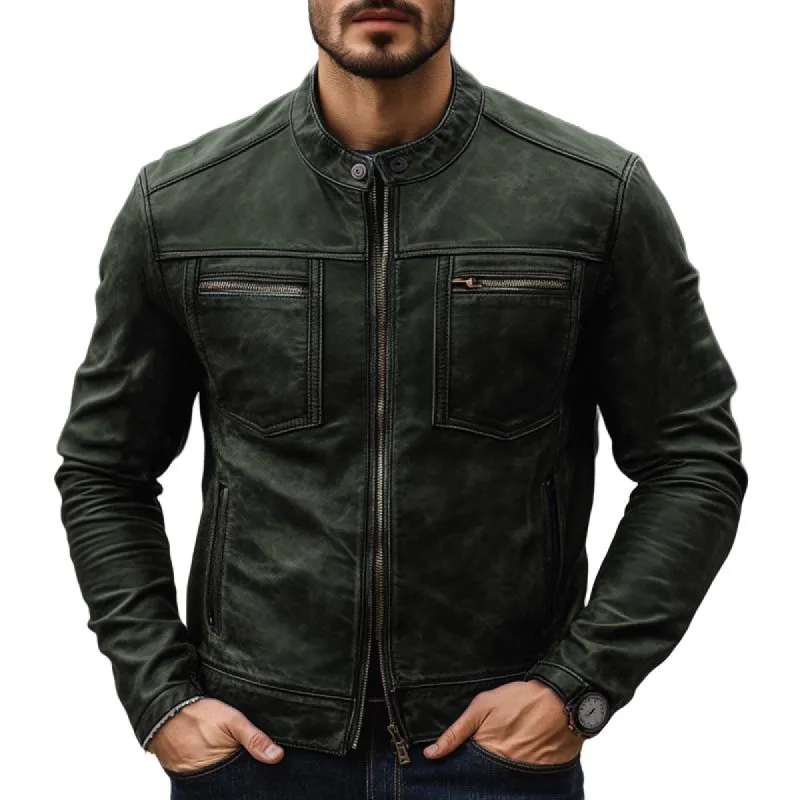 Men's Dark Green Zip-up Leather Jacket 32066900U sold by Manly