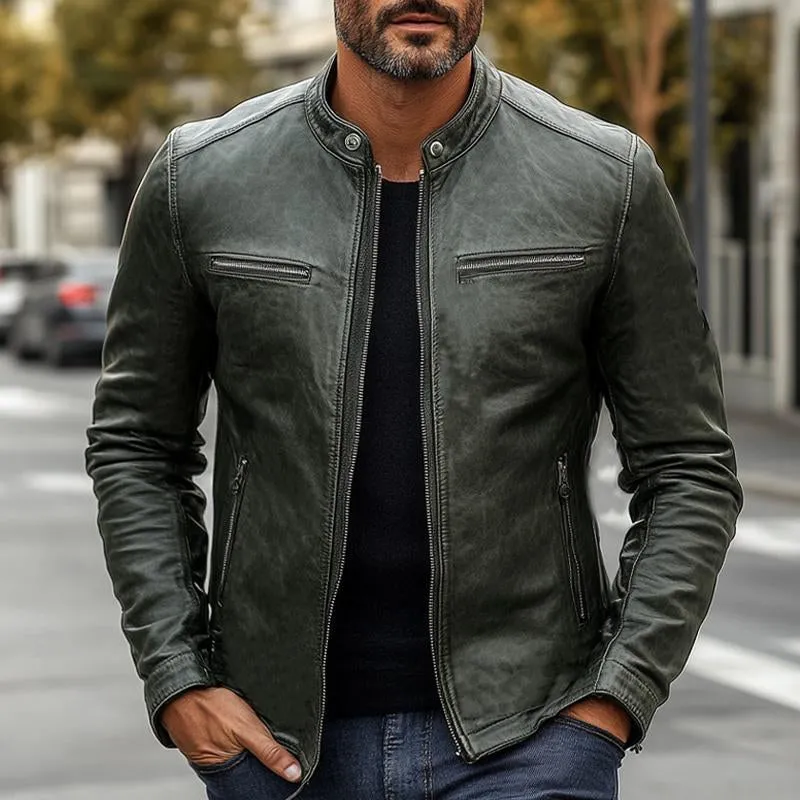 Men's Dark Green Vintage Zipper Leather Jacket 83993967U sold by Manly product image thumbnail 2