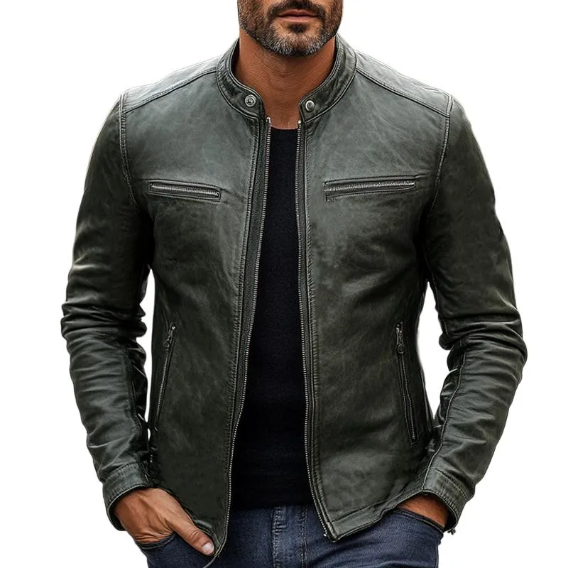 Men's Dark Green Vintage Zipper Leather Jacket 83993967U sold by Manly