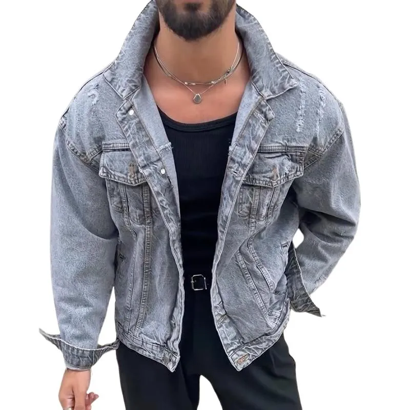 Men's Retro Casual Washed Ripped Denim Jacket 22488496TO sold by Manly