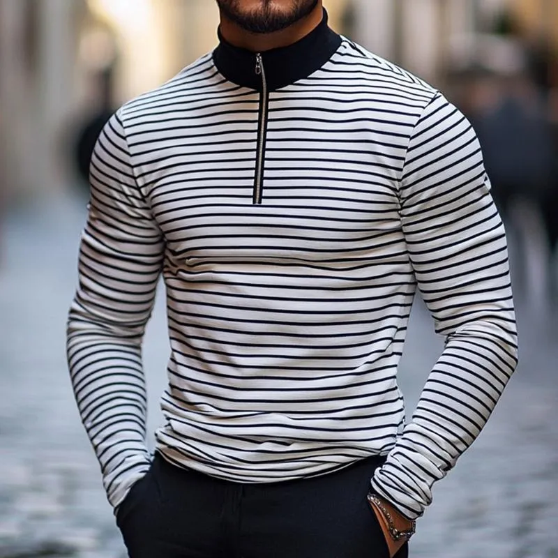 Men's Retro Casual Striped Stand Collar Printed Long Sleeve T-Shirt 18069225TO sold by Manly product image thumbnail 2
