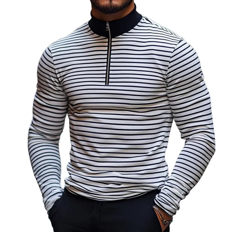 Men's Retro Casual Striped Stand Collar Printed Long Sleeve T-Shirt 18069225TO sold by Manly